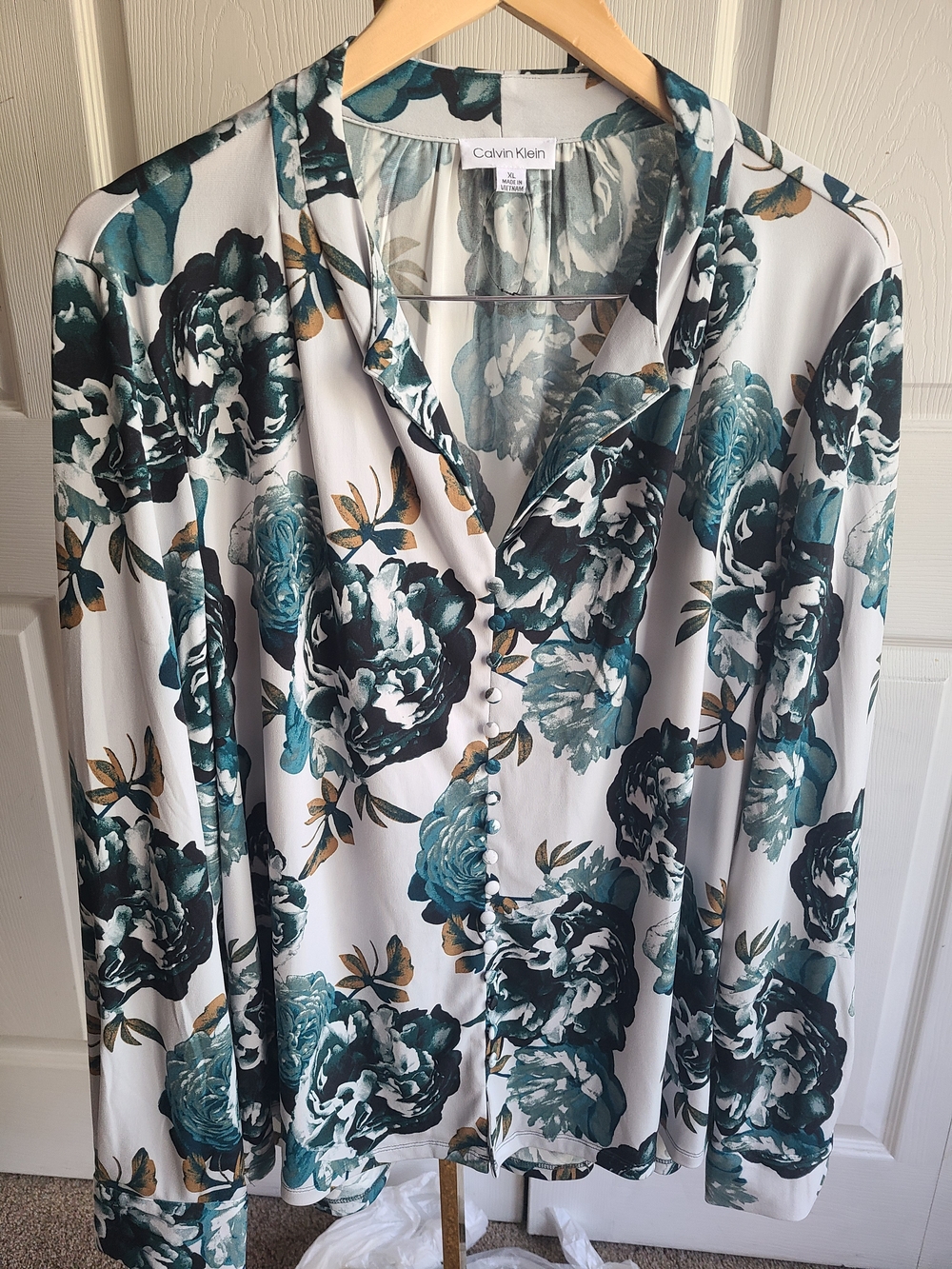 Calvin Klein White Blouse with Teal & Dark Green Floral Print